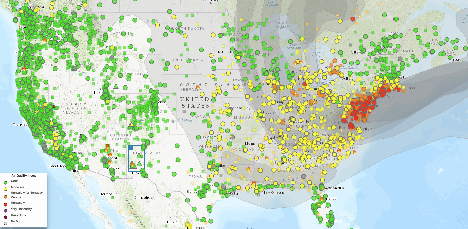 Choropleth showing air quality in the U.S on 06/09/23 following Canadian wildfires